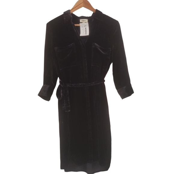 New L'Agence Women's Black Velvet Silk Shirt Dress Small Medium Holiday - Picture 3 of 5